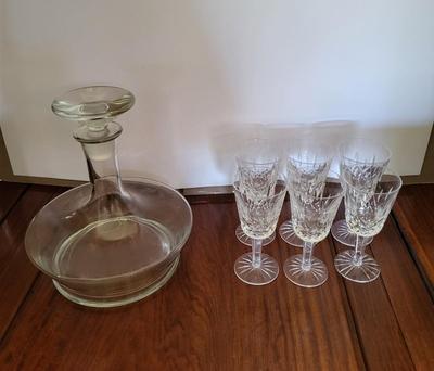 6 WATERFORD LISMORE SMALL WINE GLASSES AND A BEAUTIFUL GLASS DECANTER