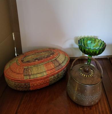COLORFUL HAND WOVEN BASKET W/LID, CARNIVAL GLASS CANDY DISH AND BRASS BISCUIT JAR