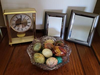 BULOVA PENDULUM CLOCK, MARBLE EGGS IN A CRYSTAL BOWL AND 2 FRAMES