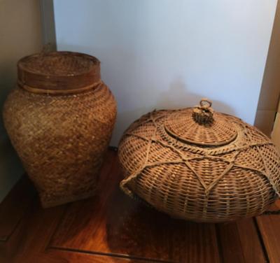 2 LARGE UNIQUE HAND WOVEN BASKETS