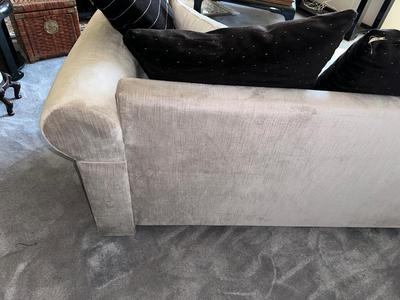 GREY CRUSHED VELVET SOFA WITH WOOD TRIM AND THROW PILLOWS BY ALLIED FINE FURNITURE