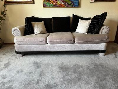 GREY CRUSHED VELVET SOFA WITH WOOD TRIM AND THROW PILLOWS BY ALLIED FINE FURNITURE