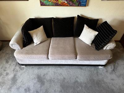 GREY CRUSHED VELVET SOFA WITH WOOD TRIM AND THROW PILLOWS BY ALLIED FINE FURNITURE