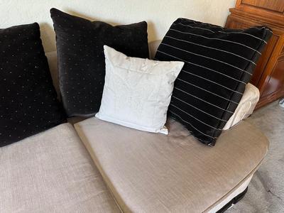 GREY CRUSHED VELVET SOFA WITH WOOD TRIM AND THROW PILLOWS BY ALLIED FINE FURNITURE