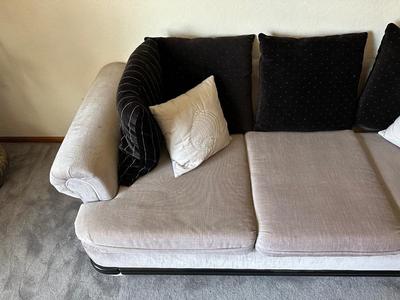 GREY CRUSHED VELVET SOFA WITH WOOD TRIM AND THROW PILLOWS BY ALLIED FINE FURNITURE