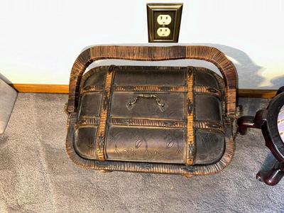 BAMBOO AND RATTAN CHEST WITH LID AND A PORCELAIN UMBRELLA STAND