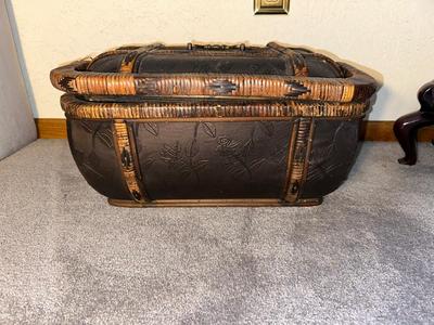 BAMBOO AND RATTAN CHEST WITH LID AND A PORCELAIN UMBRELLA STAND