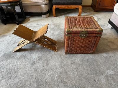 HOLY QURAN STAND WITH INLAID MOTHER OF PEARL AND A WICKER CHEST WITH BRASS HARDWARE