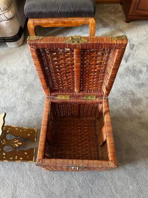 HOLY QURAN STAND WITH INLAID MOTHER OF PEARL AND A WICKER CHEST WITH BRASS HARDWARE