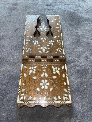 HOLY QURAN STAND WITH INLAID MOTHER OF PEARL AND A WICKER CHEST WITH BRASS HARDWARE