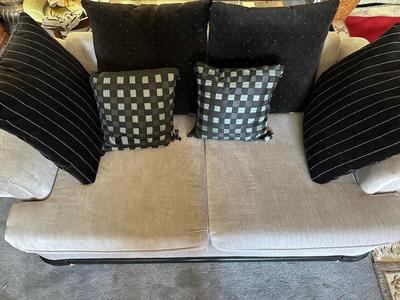 GREY CRUSHED VELVET LOVESEAT WITH WOOD TRIM AND THROW PILLOWS