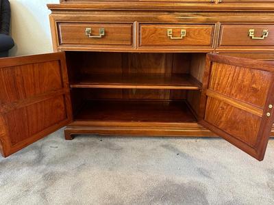 LIGHTED, 2 TONE SOLID WOOD, HIGH END DISPLAY CABINET WITH BRASS HARDWARE