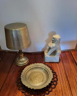 EGYPTIAN METAL FEZ HAT STAND, FOO DOG AND PLATE