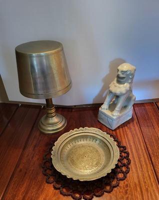 EGYPTIAN METAL FEZ HAT STAND, FOO DOG AND PLATE