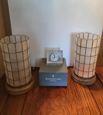 2 CAPIZ SHELL HURRICANES AND A WATERFORD CRYSTAL CLOCK