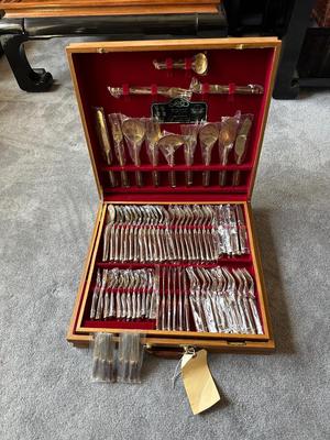 HUGE HANDMADE SOLID NICKEL AND BRONZE FLATWARE SET IN A WOODEN CHEST