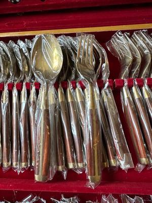 HUGE HANDMADE SOLID NICKEL AND BRONZE FLATWARE SET IN A WOODEN CHEST