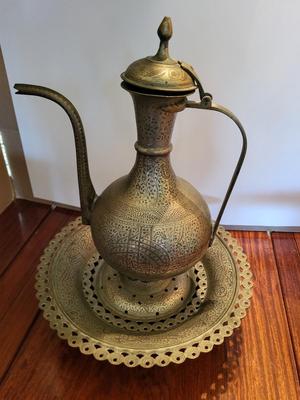 MIDDLE EASTERN PERSIAN BEDOIUN TURKISH ISLAMIC WASH BASIN AND PITCHER