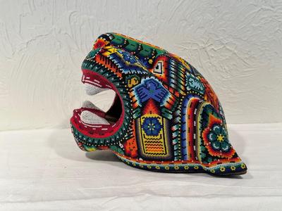 BEADED HUICHOL JAGUAR MASK BY HONORIO VILLA LOPEZ