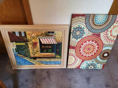 SIGNED PAINTING OF A BISTRO AND CLOTH ON WOOD FRAME