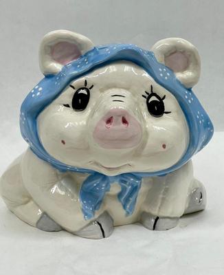 Vintage Ceramic Piggy Bank Pig wearing blue scarf