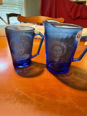 Vintage Hazel Atlas Cobalt Blue Commemorative Shirley Temple Pitcher and Cup