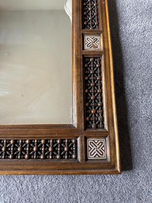 INLAID MARQUETRY WALL MIRROR AND A WATERCOLOR PICTURE