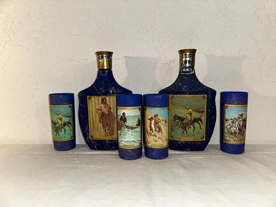 JIM BEAM "ON THE TRAIL" AND "INDIAN MAIDEN" 1 SEALED PLUS 4 GLASSES