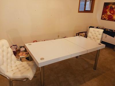RETRO WHITE FORMICA & CHROME DINING TABLE W/1 LEAF & 2 TUFTED CHAIRS