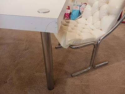 RETRO WHITE FORMICA & CHROME DINING TABLE W/1 LEAF & 2 TUFTED CHAIRS