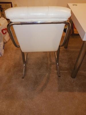 RETRO WHITE FORMICA & CHROME DINING TABLE W/1 LEAF & 2 TUFTED CHAIRS