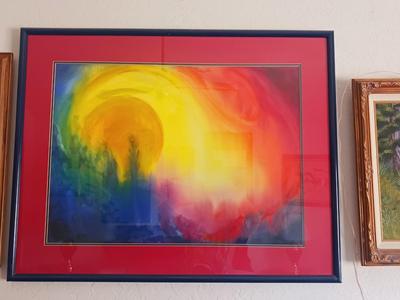 COLORFUL FRAMED PICTURE AND AN ABSTRACT OIL ON CANVAS