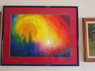 COLORFUL FRAMED PICTURE AND AN ABSTRACT OIL ON CANVAS