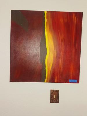 COLORFUL FRAMED PICTURE AND AN ABSTRACT OIL ON CANVAS