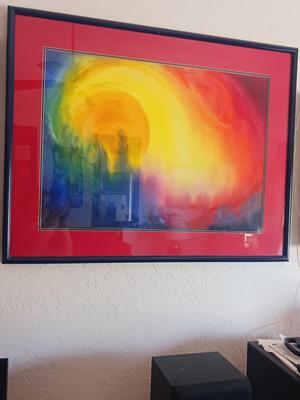 COLORFUL FRAMED PICTURE AND AN ABSTRACT OIL ON CANVAS