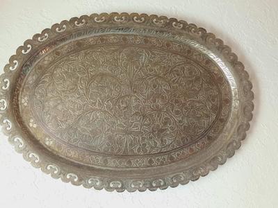 EGYPTIAN WOODEN HAND CARVED STORYBOARD AND A LARGE HAMMERED BRASS PLATTER