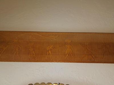 EGYPTIAN WOODEN HAND CARVED STORYBOARD AND A LARGE HAMMERED BRASS PLATTER