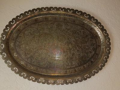 EGYPTIAN WOODEN HAND CARVED STORYBOARD AND A LARGE HAMMERED BRASS PLATTER