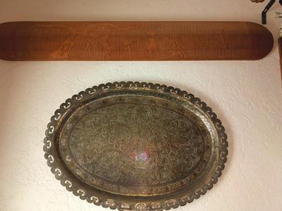 EGYPTIAN WOODEN HAND CARVED STORYBOARD AND A LARGE HAMMERED BRASS PLATTER