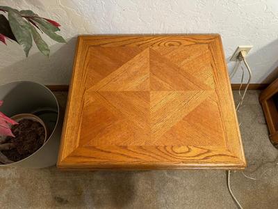 SOLID WOOD END TABLE AND A FAUX TREE