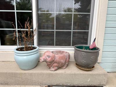 CONCRETE PIG AND 2 CERAMIC PLANTERS