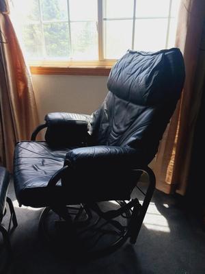 BLACK RECLINING, ROCKING AND SWIVEL CHAIR W/OTTOMAN