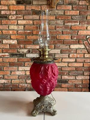 Antique Red Ruffled Glass Oil Lamp