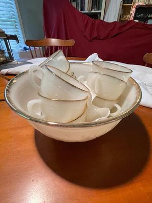 Vintage Anchor Hocking Pressed Milk Glass and Gold Luster Punch Bowl and Cups | Set of 12