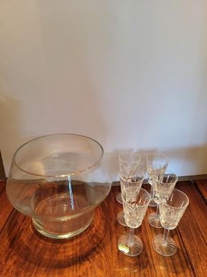 6 WATERFORD STEMMED GLASSES AND A LARGE GLASS BOWL