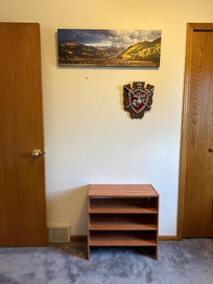US NAVY WALL HUNG SEAL, PHOTO, US FLAG ON POLE AND A SMALL SHELF