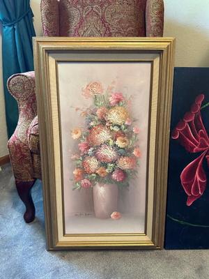 "LOW BUSH BLUES II" SIGNED WATERCOLOR, SIGNED OIL VASE OF FLOWERS AND AN OIL ON CANVAS