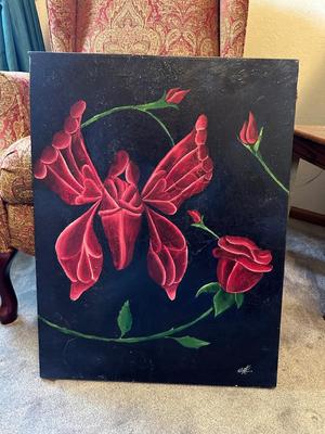 "LOW BUSH BLUES II" SIGNED WATERCOLOR, SIGNED OIL VASE OF FLOWERS AND AN OIL ON CANVAS