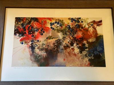 "LOW BUSH BLUES II" SIGNED WATERCOLOR, SIGNED OIL VASE OF FLOWERS AND AN OIL ON CANVAS
