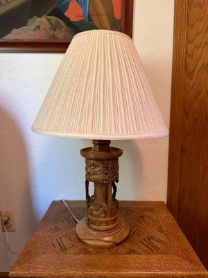 HAND CARVED WOOD BASE LAMP AND SOLID WOOD END TABLE